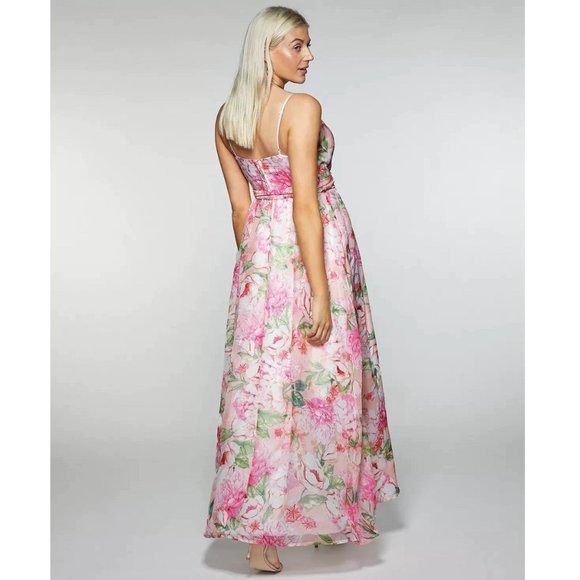 Pink Dress Belted Floral Spaghetti Strap V Neck - Size 3 Maxi - Picture 4 of 7